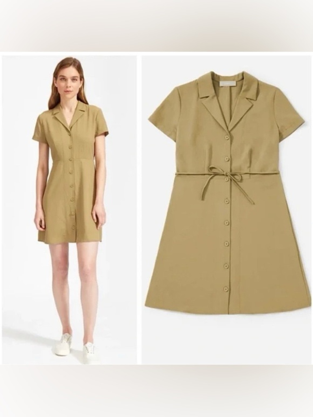 Everlane Olive Button-Front Short Sleeve Shirt Dress with Waist Tie